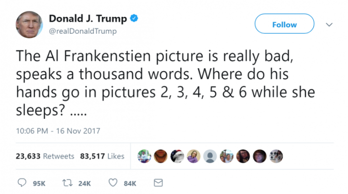 Donald Trump tweet about Sen. Al Franken, November 16, 2017.
