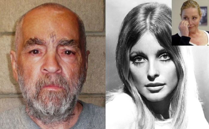 Charles Manson in 2009 (L). Debra Tate (inset), sister of slain actress Sharon Tate (right), reacts after convicted mass murderer Charles Manson was denied parole at his 12th parole hearing for the 1969 Tate-Labianca murders on April 11, 2012.