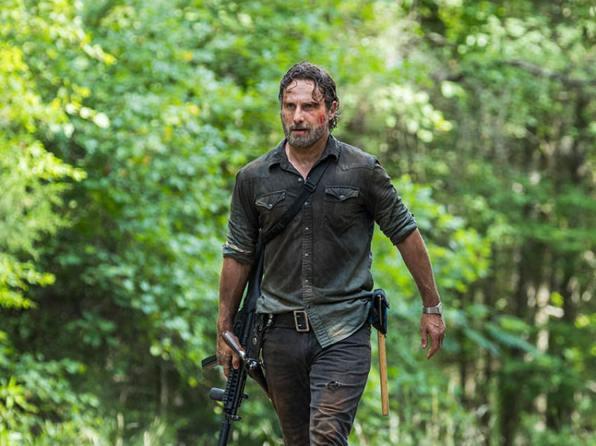 A promotional still from "The Walking Dead" season 8, episode 6, "The King, the Widow, and Rick"