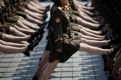 Female North Korean soldiers march during a military parade marking the 105th birth anniversary of the country's founding father Kim Il Sung in Pyongyang, North Korea, April 15, 2017.