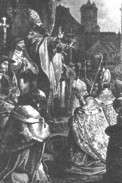 Pope Urban II giving his call to crusade at the Council of Clermont in November 1095.