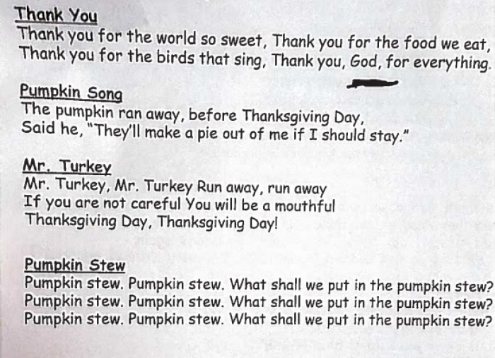 A handout given to students at Westside Elementary School in Jonesboro, Arkansas, thanks God for 'everything.'