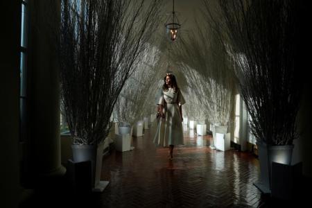 First lady Melania Trump tours the holiday decorations with reporters, photos released November 27, 2017.