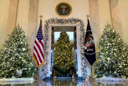The official White House Christmas tree is seen from the Cross Hall of the White House in Washington, D.C. November 27, 2017.