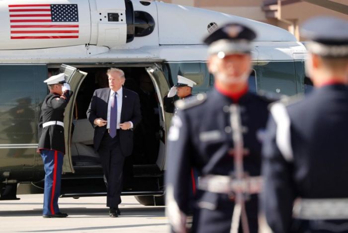 U.S. President Donald Trump arrives on Marine One at Osan Air Base, South Korea, as he prepares to depart for Beijing, November 8, 2017.