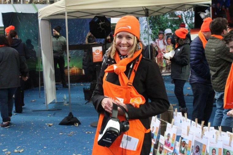 Teacher and volunteer, Suzanne Arrison at World Vision's interactive pop-up shop in New York City's Bryant Park on Tuesday November 28, 2017.