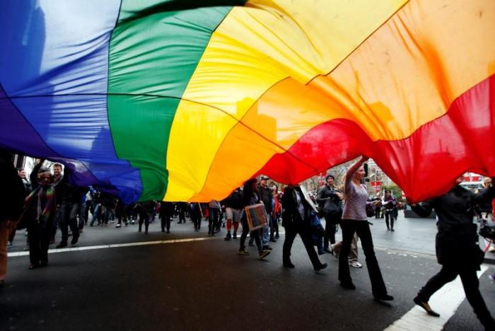 LGBT rights activists hold a rainbow flag in central Sydney in this file photo from August 11, 2012.