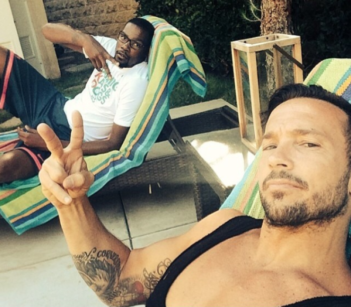 Carl Lentz poses with a Kevin Durant while on vacation, July 9, 2014.