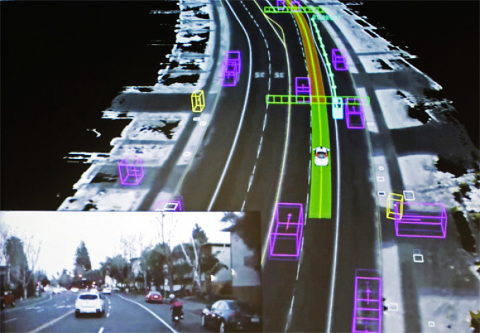 Video captured by a Google self-driving car, inset, is coupled with the same street scene as the data is visualized by the car.