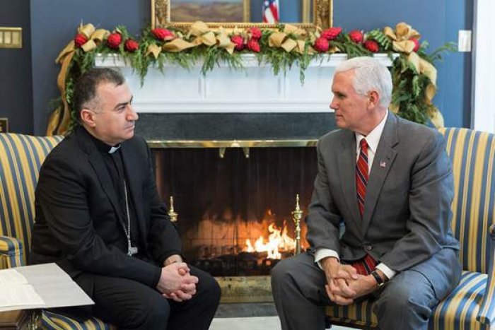 United States Vice President Mike Pence meets with Chaldean Archbishop of Erbil Bashar Warda in Washington, D.C. on December 4, 2017.