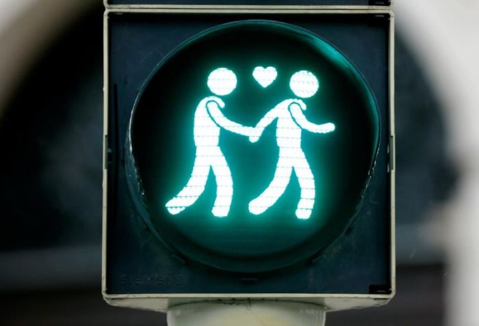 A gay-themed traffic light is pictured in Vienna, Austria, December 5, 2017.