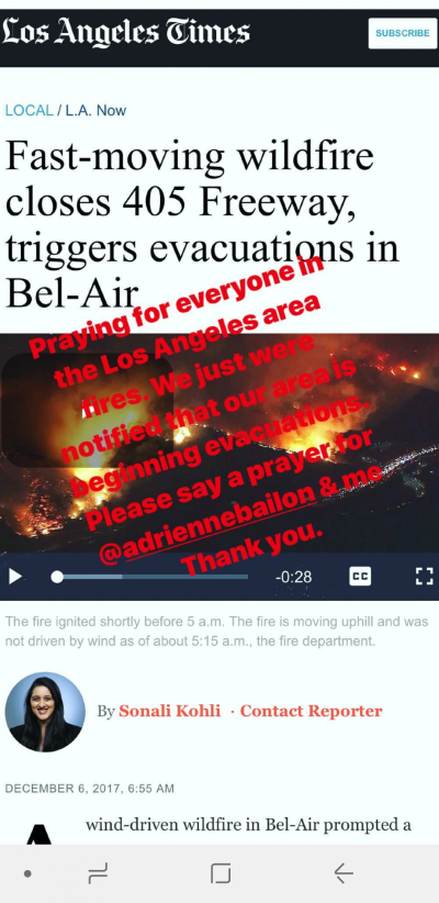 Israel Houghton told to evacuate from his home amid Califronia wild fires, Dec 6, 2017.