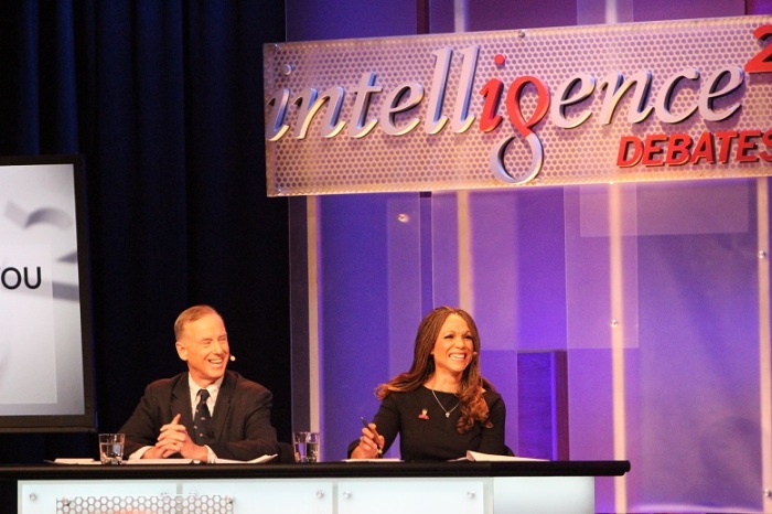 Former chairman of the Democratic National Committee and six-term governor of Vermont, Howard Dean (L), and Melissa Harris-Perry, Maya Angelou Presidential Chair at Wake Forest University (R), at the Intelligence Squared U.S. Debate at the Kaufman Center in New York City on December 7, 2017.