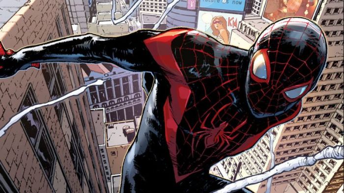 Shown is the cover of the 'Spider-Man' comic book featuring Miles Morales as the web-squirting superhero.