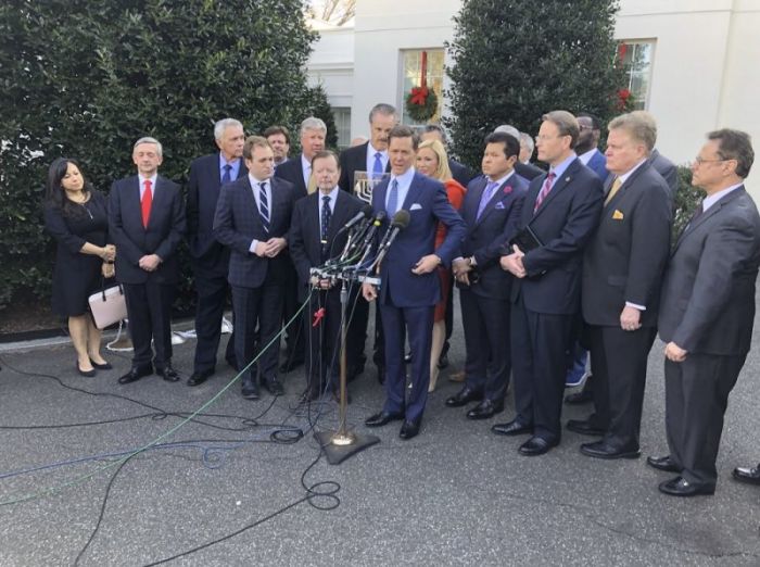 A group of prominent evangelical leaders participate in a press conference held outside of the White House in Washington, D.C. on Dec. 11, 2017 after meeting with President Donald Trump in the Oval Office.