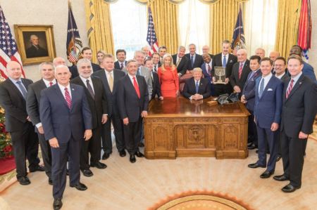 President Donald Trump meets with a group of evangelical leaders in the Oval Office on Monday Dec. 11, 2017 in Washington, D.C. He was presented with the "Friends of Zion Award."