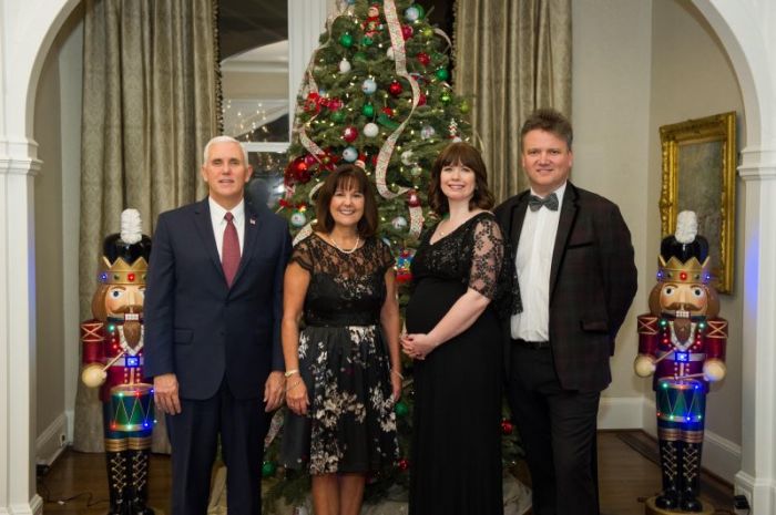 Vice President Mike Pence and his wife, Karen, stand next to hymn writers and singers Keith and Kristyn Getty at the vice president's residence, Number One Observatory Circle, located on the grounds of the United States Naval Observatory, in Washington, D.C. on December 12, 2017.