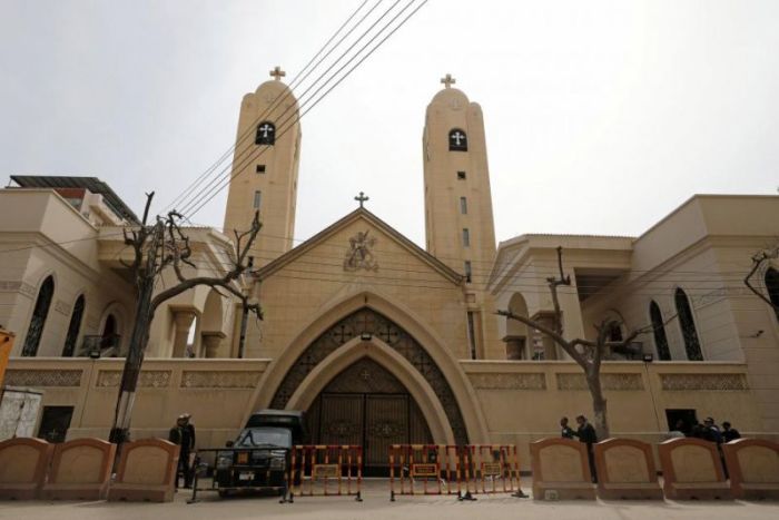 Security forces stand outside the Coptic church that was bombed on Sunday in Tanta, Egypt, April 10, 2017.