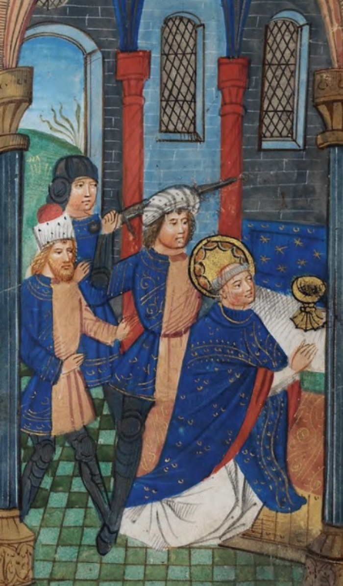 A Medieval illustration depicting the assassination of Archbishop Thomas a Becket in Canterbury Cathedral.