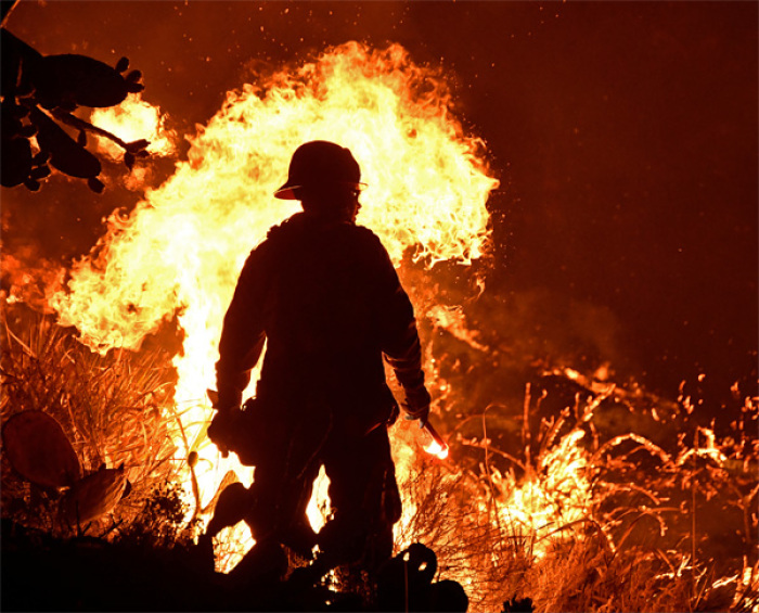 Firefighters battle a Santa Ana wind-driven brush fire called the Thomas Fire near Ventura.