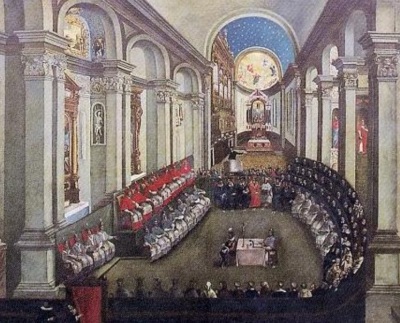A seventeenth-century painting of the Council of Trent, located at Santa Maria Maggiore church, Museo Diocesano Tridentino, Trento, Italy.