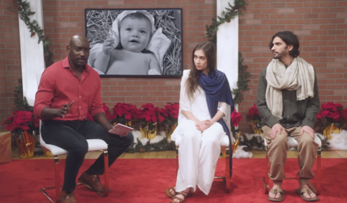 Actors portraying the biblical baby Jesus, Mary and Joseph appear in an ad for DNA testing company Home Paternity.