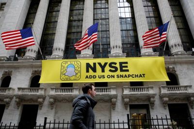 A Snapchat sign hangs on the facade of the New York Stock Exchange in New York City, U.S. on January 23, 2017.
