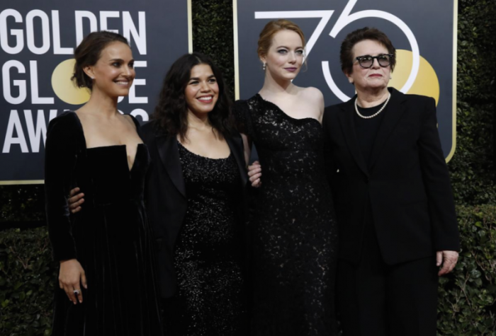 (L-R) Actresses Natalie Portman, America Ferrera, Emma Stone and retired tennis great Billie Jean King.
