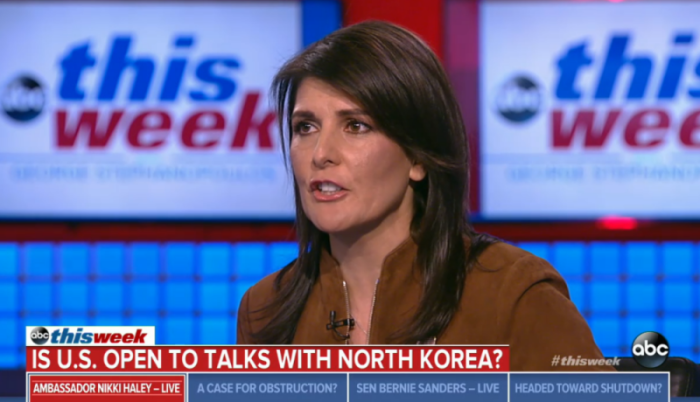 Ambassador to the United Nations Nikki Haley appearing on ABC's 'This Week,' January 7, 2018.