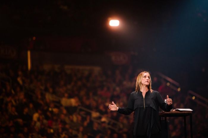Christine Caine, founder of the A21 Campaign, speaks at Passion 2018 in Atlanta, January 2018.