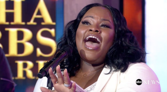 Grammy-winning gospel singer Tasha Cobbs-Leonard performs 'I'm Getting Ready' from her album 'Heart. Passion. Pursuit' in Times Square, N.Y. January 4, 2018.
