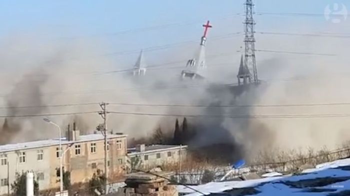 Footage of the demolition of the Golden Lampstand Church by Chinese officials in Linfen, Shanxi province, China, on January 9, 2018.