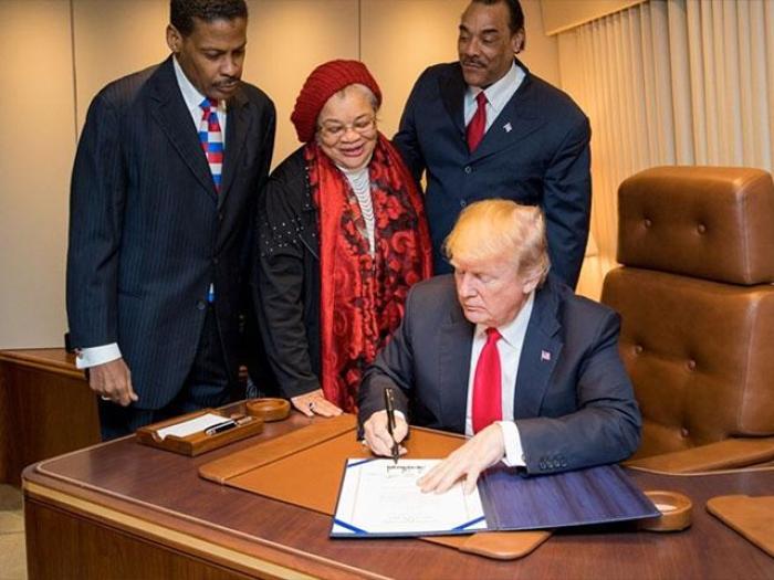 President Trump signed a bill aboard Air Force One upgrading the birthplace of civil rights icon Dr. Martin Luther King Jr. to a national historic park. Trump signed the bill into law while in Atlanta, Georgia, alongside Dr. King's niece, Alveda King, and the civil rights leader's nephew, Isaac Newton Farris Jr., according to a statement from the White House, January 8, 2018.