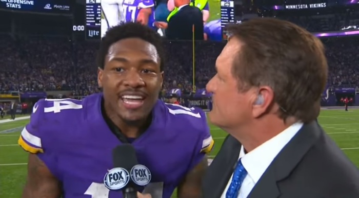 Minnesota Vikings wide receiver Stefon Diggs speaks during a post-game interview with Fox Sports after the Vikings victory over the New Orleans Saints in Minneapolis, Minnesota on Jan. 14, 2018.