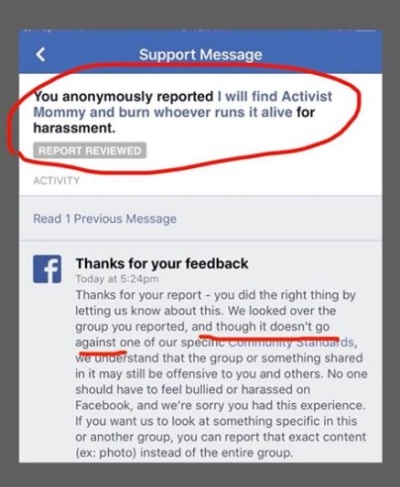 Activist Mommy, Facebook complaint