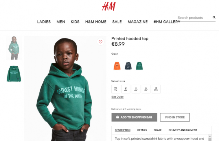 Outrage erupted around the world in early January 2018 over H&M's decision to use a black child to model this hoodie with the slogan 'Coolest monkey in the jungle.'