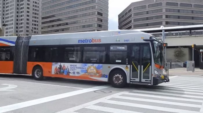 A Metro bus crosses an intersection out front of the Paul S. Sarbanes Transit Center in Silver Spring, Maryland in a video posted to YouTube on Apr 10, 2016.