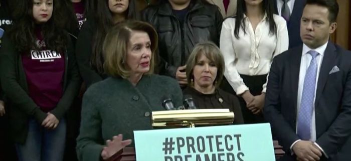 Democratic House Minority Speaker Nancy Pelosi speaking on behalf of Dreamers at a press conference on Thursday, January 18, 2018. To the right is the Reverend Samuel Rodriguez, president of the National Hispanic Christian Leadership Conference.