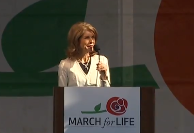 Pam Tebow, mother of former NFL quarterback Tim Tebow, giving remarks at the March for Life event in Washington, DC on Friday, January 19, 2018.