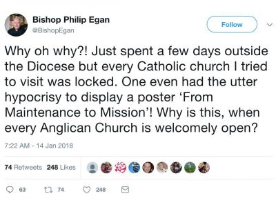 The Roman Catholic bishop of Portsmouth says every church he tried to visit was closed.