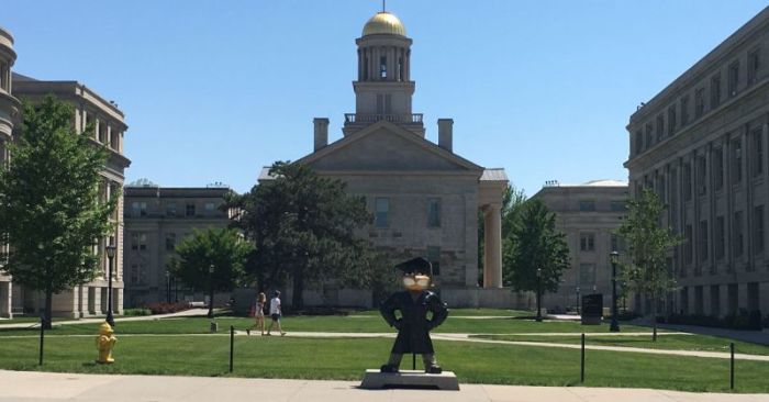 School mascot Herky the Hawk stands in front of the Old Capitol Museum at the University of Iowa, in Iowa City, Iowa, U.S. May 22, 2016.
