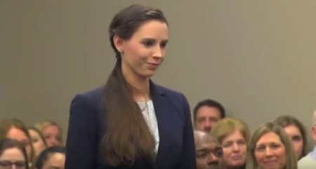 Sexual assault survivor Rachael Denhollander addresses disgraced former sports doctor Larry Nassar in Lansing, Michigan on January 24, 2018.