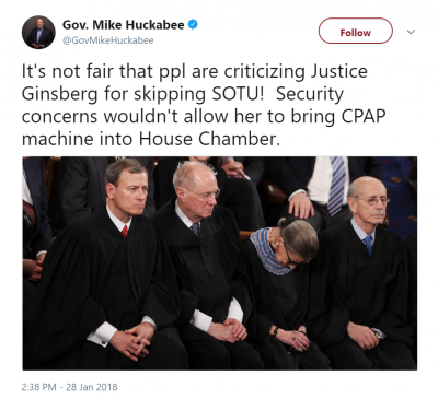 Mike Huckabee tweets a joke about Ruth Bader Ginsburg, January 28, 2018.