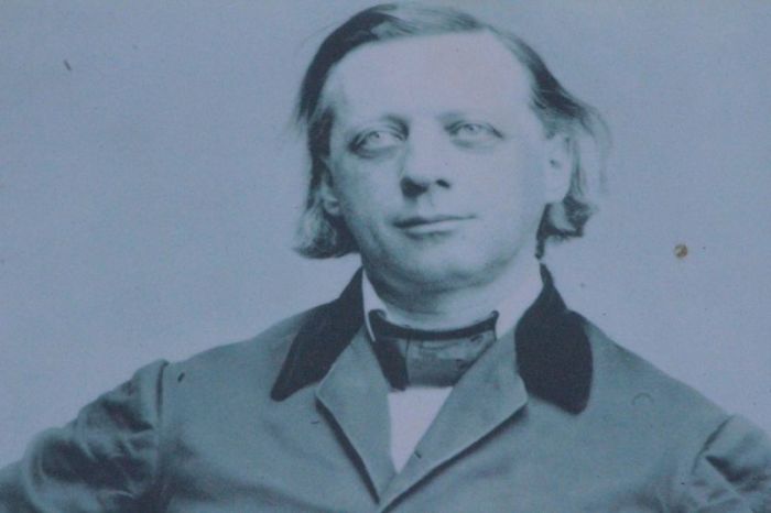 A photo of Henry Ward Beecher posted at the front of the historic Plymouth Church in Brooklyn Heights, New York.