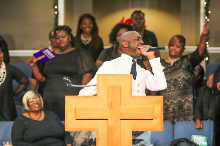 The Rev. O. Jermaine Simmons Sr., pastor of the popular Jacob Chapel Baptist Church in Tallahassee, Florida, preaches up a storm at his church's Watch Night service on December 31, 2017.