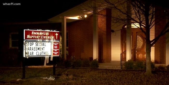 Church sign at Emmanuel Baptist Church in Jeffersonville, Indiana, reading 'Stop Sexual Harassment Wear Clothes,' that has been taken down on January 28, 2018.
