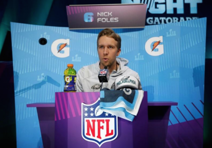Philadelphia Eagles quarterback Nick Foles speaks to reporters during Super Bowl Opening Night at the Xcel Energy Center in St. Paul, Minnesota, U.S. January 29, 2018.