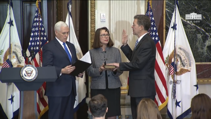 Vice President Mike Pence administers the oath of office to Kansas Gov. Sam Brownback, the new Ambassador-at-Large for International Religious Freedom at the White House in Washington D.C. on February 1, 2018.