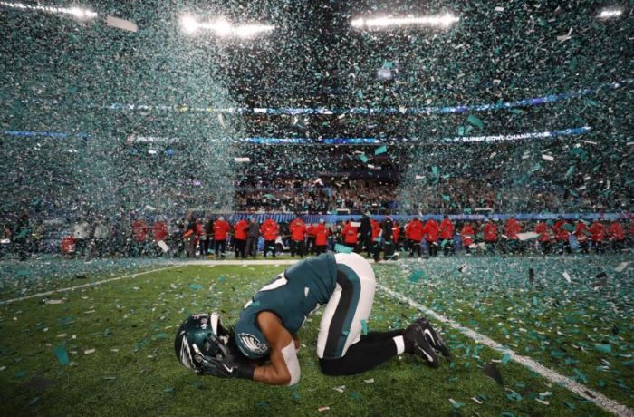 Philadelphia Eagles' Patrick Robinson celebrates winning Super Bowl LII.