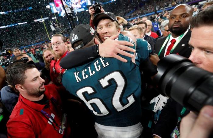 Philadelphia Eagles Nick Foles celebrates with Jason Kelce after winning Super Bowl LII.